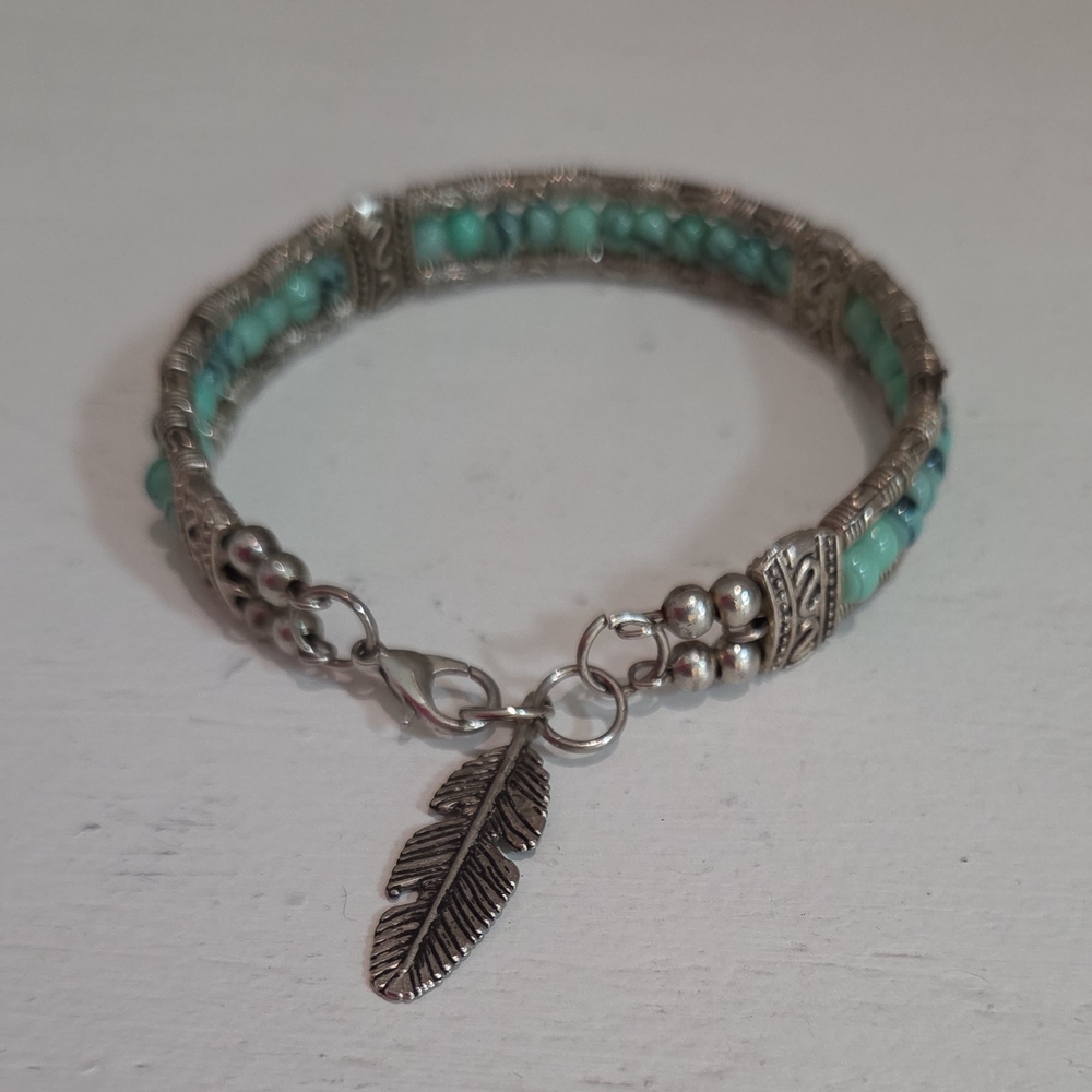 Silver and Turquoise Beaded Bracelet with Feather Charm